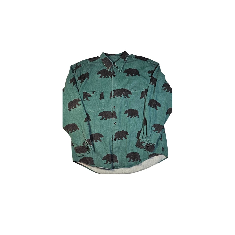 True Grit Mens XL Green Denim Bear Print Long Sleeve Button Down Shirt Twill